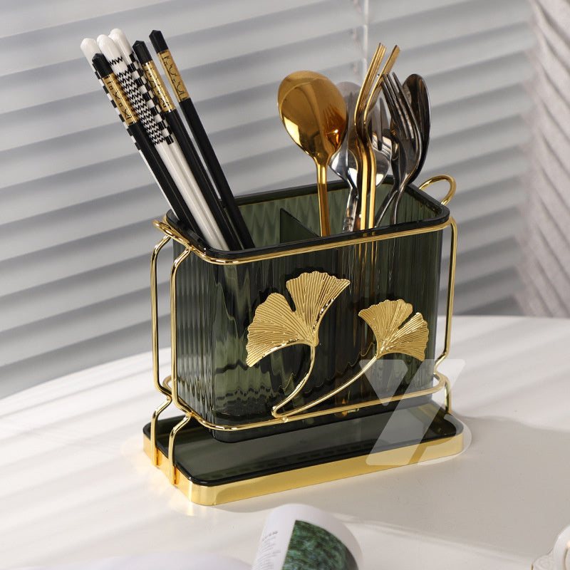 Elegante porta utensilios de cocina rectangular con bandeja de drenaje y diseño de hoja de ginkgo, con dos compartimentos para almacenamiento de utensilios