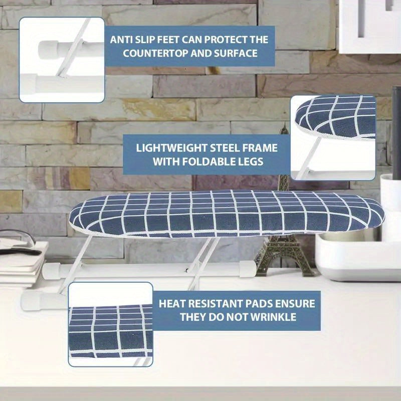 Una tabla de planchar plegable compacta y portátil con pies antideslizantes, alfombrilla resistente al calor y un marco de acero engrosado - Diseñada para ahorrar espacio en salas de costura y manualidades, mide 25,91 x 10,92 x 7,87 cm, esta pequeña tabl