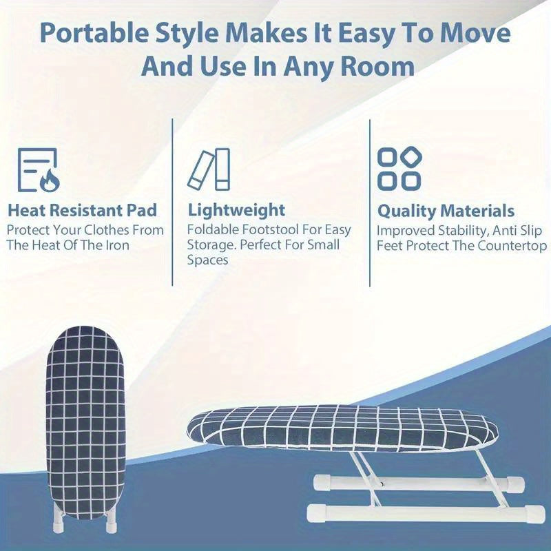 Una tabla de planchar plegable compacta y portátil con pies antideslizantes, alfombrilla resistente al calor y un marco de acero engrosado - Diseñada para ahorrar espacio en salas de costura y manualidades, mide 25,91 x 10,92 x 7,87 cm, esta pequeña tabl