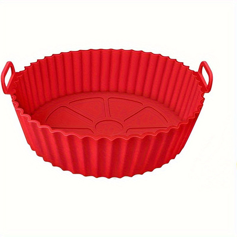 Una pieza de sartén de silicona para freidoras de aire, con un diseño plegable tridimensional. Esta bandeja redonda de silicona reutilizable de 8 pulgadas sirve como forro para hornear a alta temperatura.