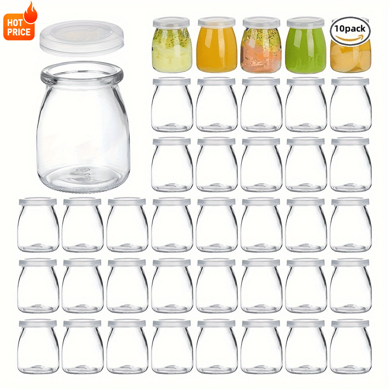10 frascos de vidrio transparente de 4 oz con tapas de PE, recipientes reutilizables para yogur, pudín, leche, mermelada, jalea, mousse y miel, botes redondos con tapa abatible para organización de cocina, marca KHLOEE