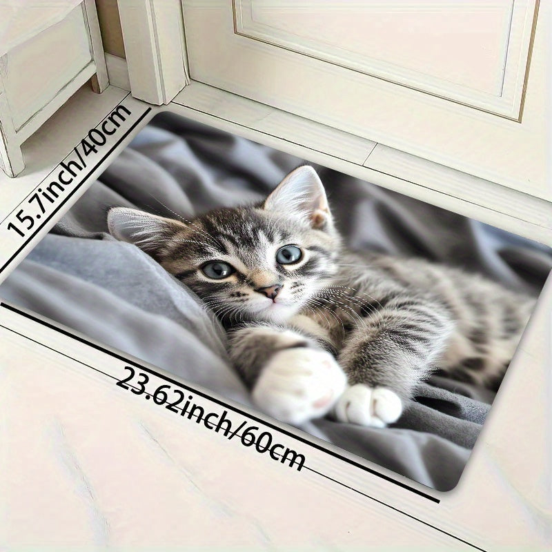 Diseño Encantador de Gato Acostado en la Cama - Alfombra Versátil para Sala de Juegos, Baño, Cocina y Espacios de Estar - Alfombra de Poliéster Lavable a Máquina con Base Antideslizante de PVC
