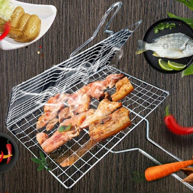 1pc Cesta para Parrilla BBQ de Alta Resistencia con Mango Ergonómico - Volteador Metálico Antioxidante para Carne, Filetes y Verduras - Ideal para Camping, Picnics y Cocina al Aire Libre, Accesorios para Parrillas, Herramienta Duradera para Asar