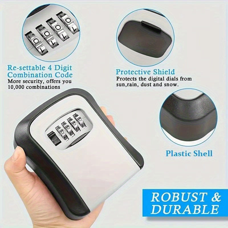 Un contenedor de almacenamiento exterior duradero, portátil y con opciones de contraseña personalizables, ideal para guardar objetos pequeños como tarjetas y llaves, adecuado para uso en el hogar o en la empresa, y apropiado para diferentes entornos.