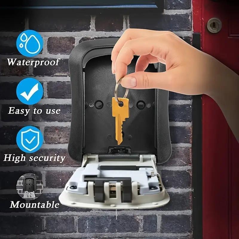 Un contenedor de almacenamiento exterior duradero, portátil y con opciones de contraseña personalizables, ideal para guardar objetos pequeños como tarjetas y llaves, adecuado para uso en el hogar o en la empresa, y apropiado para diferentes entornos.