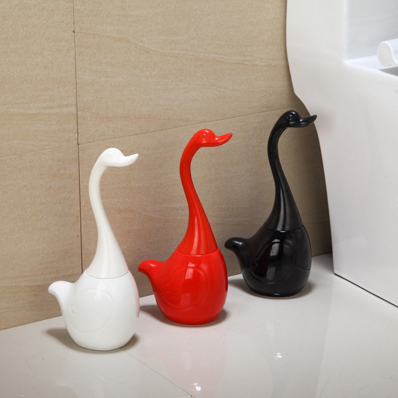 Juego de escobilla de baño independiente con forma de cisne, base de cerámica, mango largo de plástico, cepillo de limpieza de esquinas para baño, accesorio de limpieza reutilizable para el hogar.
