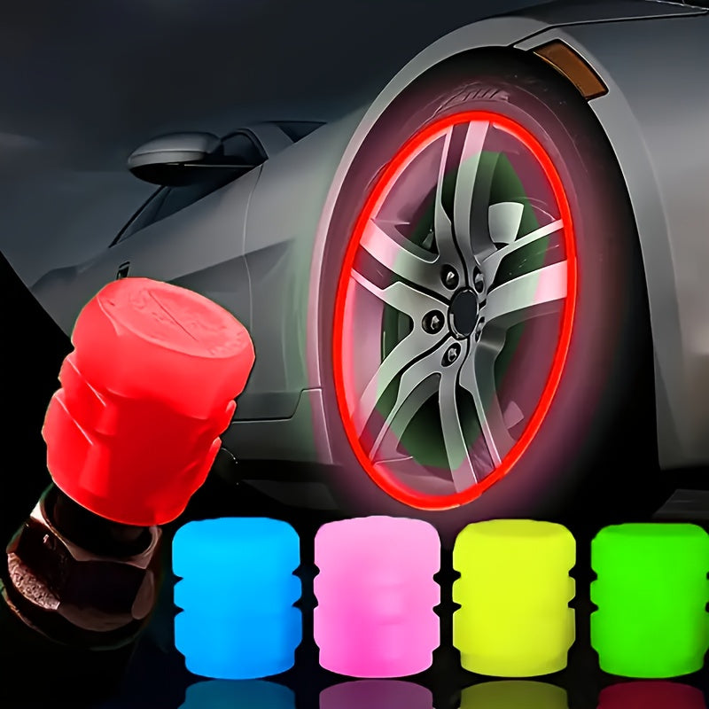 Juego de 4 Tapas de Válvula de Neumático que Brillan en la Oscuridad para Coches, Bicicletas y Motos - Forma Hexagonal, ABS Duradero, Ajuste
