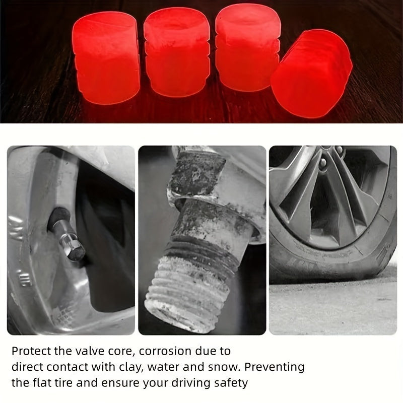 Juego de 4 Tapas de Válvula de Neumático que Brillan en la Oscuridad para Coches, Bicicletas y Motos - Forma Hexagonal, ABS Duradero, Ajuste