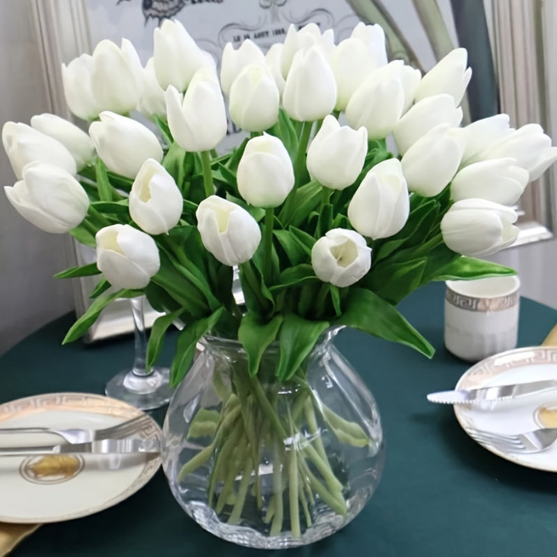 40pcs Flores de Tulipán Artificiales, Ramo de Tulipán Falso Blanco, Flores de Plástico con Tacto Realista para Hogar, Oficina, Boda, Compromiso, Decoración de Primavera, Día de San Patricio, Decoración de Pascua