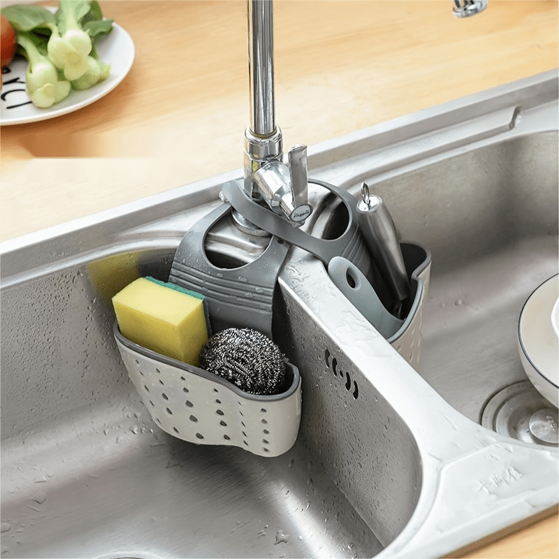 Cesta colgante de fregadero de doble capa y rejilla de drenaje - Plástico resistente, diseño que ahorra espacio con múltiples compartimentos para platos, tazas, utensilios - Organizador de fregadero de cocina, rejilla de drenaje sobre el fregadero