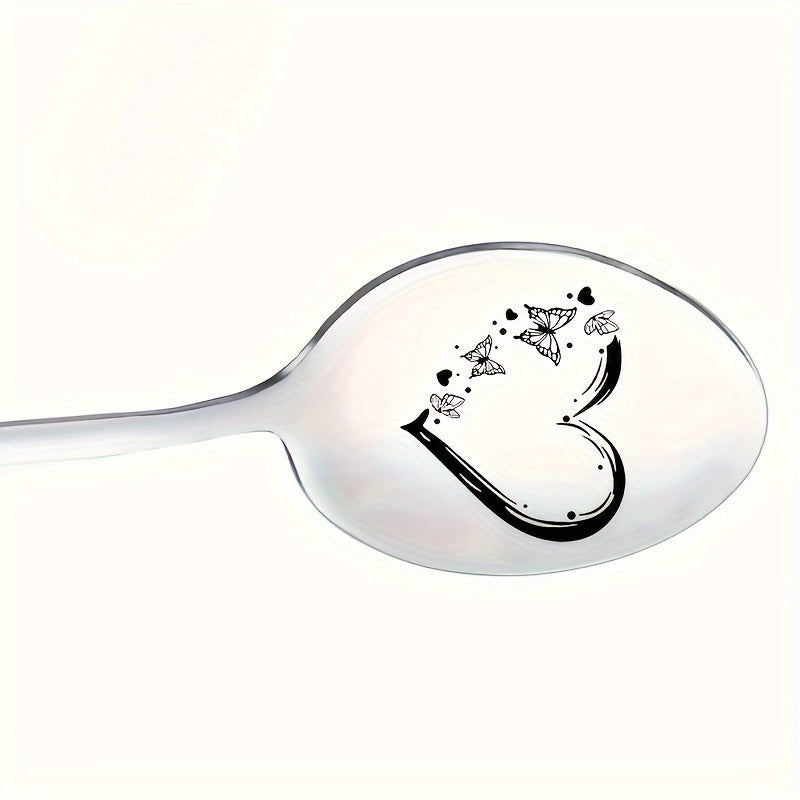 1 cuchara de acero inoxidable pulido con acabado de espejo y grabado - Cuchara de café, helado y regalo con diseño de corazón y mariposas - Ideal para enamorados, día del padre, cumpleaños, aniversario, día de la madre