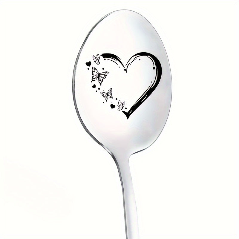 1 cuchara de acero inoxidable pulido con acabado de espejo y grabado - Cuchara de café, helado y regalo con diseño de corazón y mariposas - Ideal para enamorados, día del padre, cumpleaños, aniversario, día de la madre