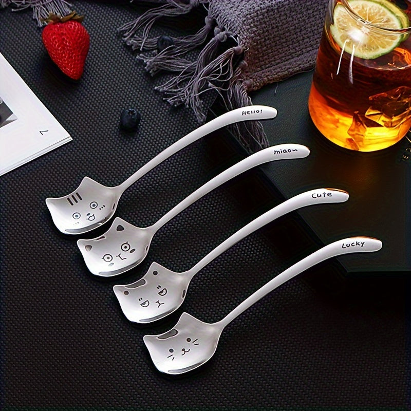 Cuchara de café de acero inoxidable con cola larga para gato, vajilla duradera 304 con diseño de estampado animal, cuchara de mango largo única para café, té, postre, idea de regalo de cumpleaños