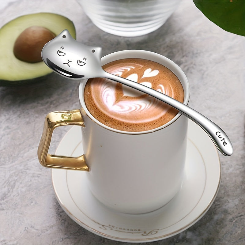 Cuchara de café de acero inoxidable con cola larga para gato, vajilla duradera 304 con diseño de estampado animal, cuchara de mango largo única para café, té, postre, idea de regalo de cumpleaños