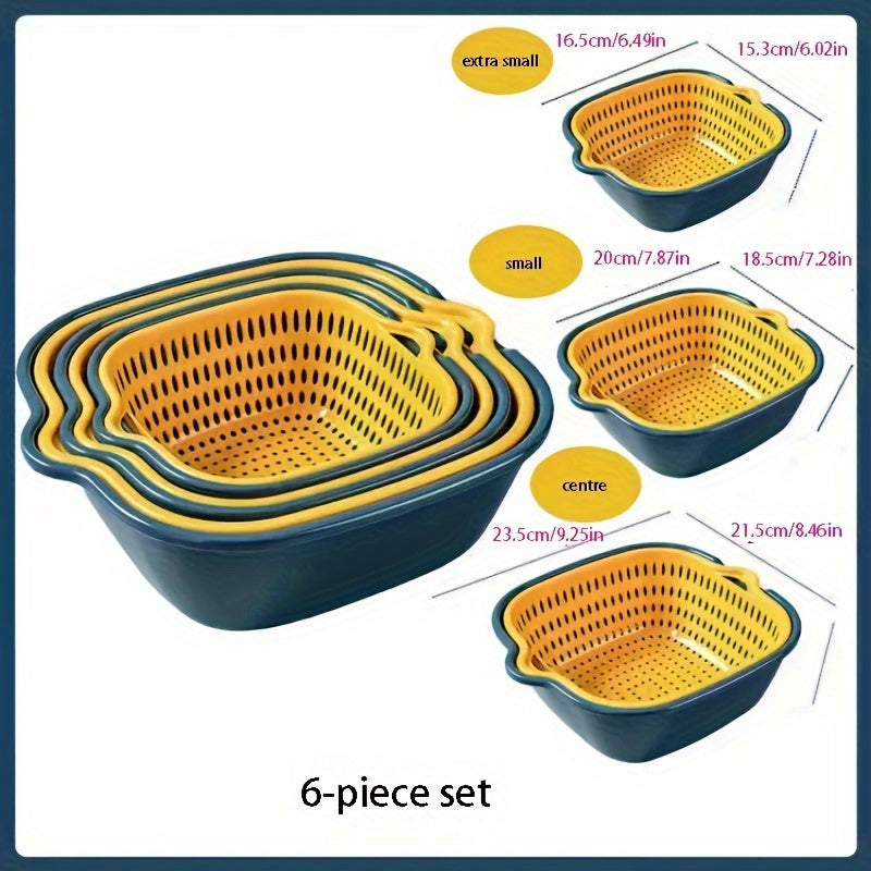 Set de 6 coladores de plástico, cesta de drenaje de doble capa, coladores de cocina reutilizables para enjuagar frutas y verduras, herramientas y accesorios de cocina multiusos.
