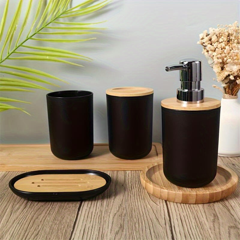 Conjunto de accesorios de baño de 4 piezas, dispensador de jabón de plástico de 350 ml con tapa de bambú, sin BPA, independiente, no necesita electricidad.