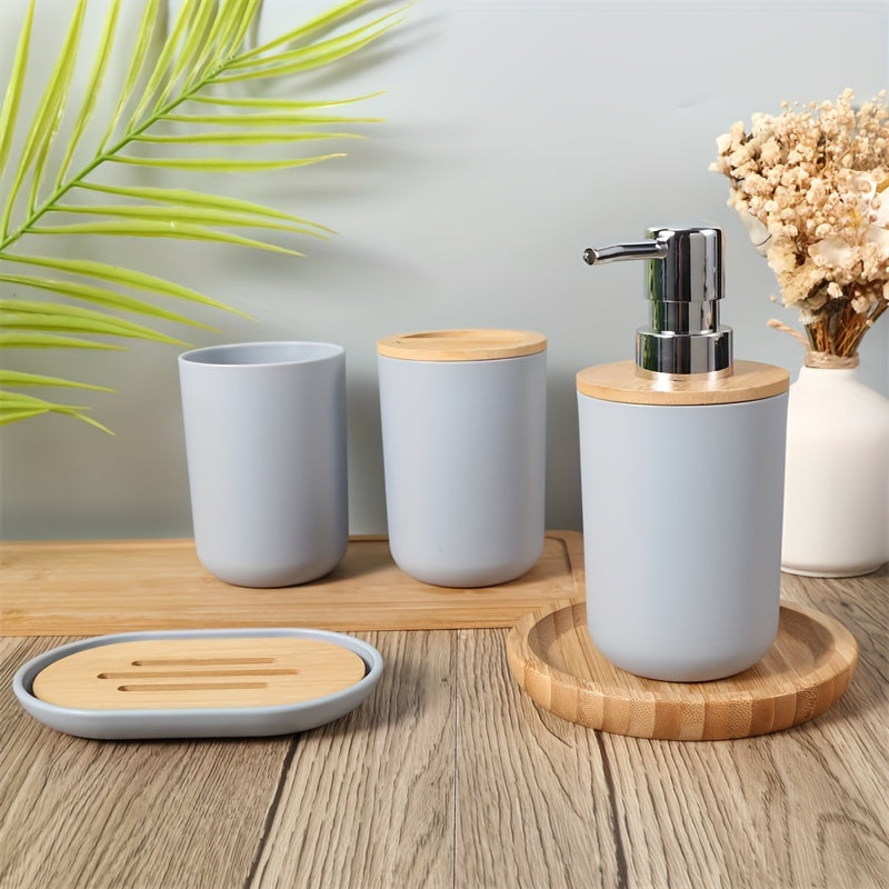 Conjunto de accesorios de baño de 4 piezas, dispensador de jabón de plástico de 350 ml con tapa de bambú, sin BPA, independiente, no necesita electricidad.
