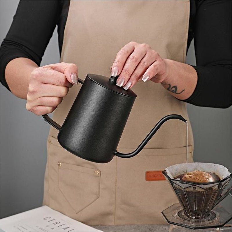 Tetera de café de pico de ganso negro de acero inoxidable para vertido de café con recubrimiento de Teflón y tapa - Tetera de goteo para barista en casa