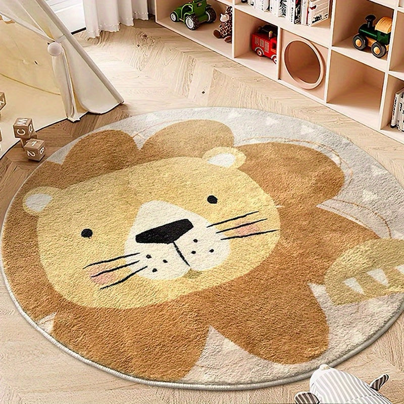 Alfombra de dormitorio redonda de imitación cachemira 1000G/㎡ con dibujos animados de león lindo, lavable y antideslizante, alfombra suave y esponjosa de 10 mm de grosor