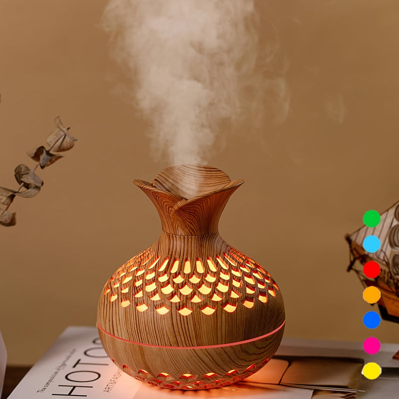 Humidificador de aroma de madera de lujo, alimentado por USB, niebla fría, 36 V, elegante diseño hueco, prefiltro, humidificación por evaporación, ambiente romántico, para dormitorio y varias habitaciones.