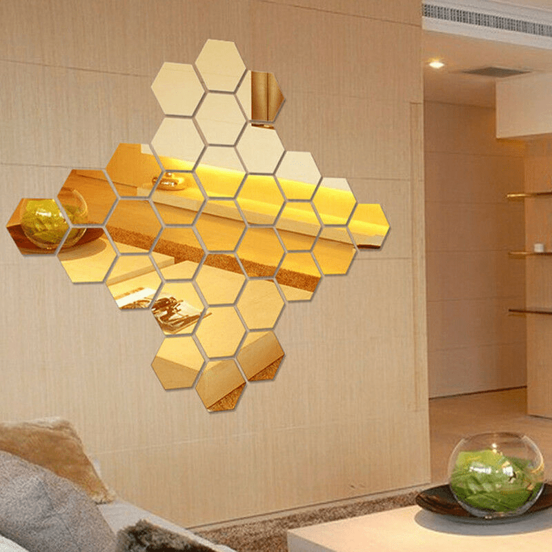 24 piezas de espejos hexagonales adhesivos, mosaicos dorados autoadhesivos, calcomanías para pared, decoración para el hogar, dormitorio, sala de estar, baño, DIY