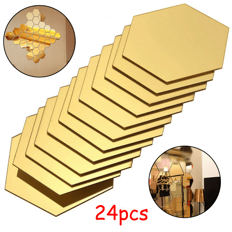 24 piezas de espejos hexagonales adhesivos, mosaicos dorados autoadhesivos, calcomanías para pared, decoración para el hogar, dormitorio, sala de estar, baño, DIY