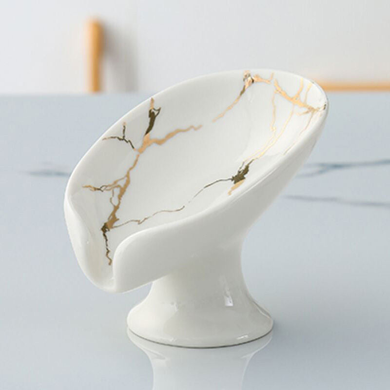 Soporte para Jabón de Cerámica de 1 Pieza - Diseño con Efecto Mármol en Forma de V y Agujeros de Drenaje, Organizador Blanco y Dorado para Encimera de Baño para Almacenamiento en la Ducha y el Lavabo