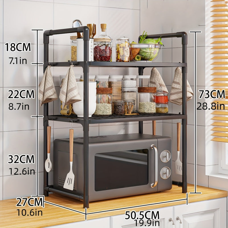 Un estante de almacenamiento de cocina con asas, ideal para hornos microondas y tostadores, incluye ganchos laterales para toallas, resistente y duradero, perfecto para uso doméstico.