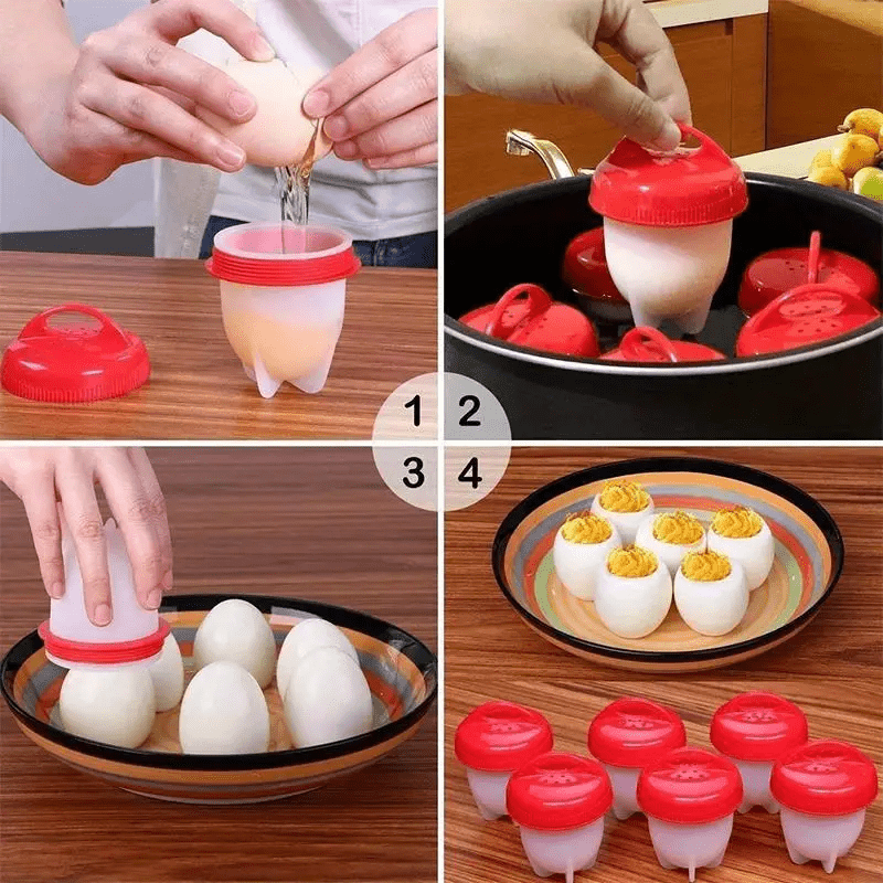 12 piezas de pochos de huevo de silicona - Tazas de cocina resistentes a altas temperaturas y antiadherentes para huevos cocidos perfectos, preparación de desayuno sin cáscara fácil, diseño rojo y blanco, accesorios para cocinar huevos