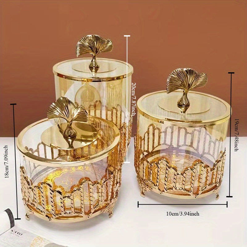 Juego de 3 piezas de frascos de vidrio dorado estilo europeo, contenedores decorativos para frutas secas con tapas, elegante decoración de sala de estar, material de vidrio, no requiere electricidad, frasco de frutas.