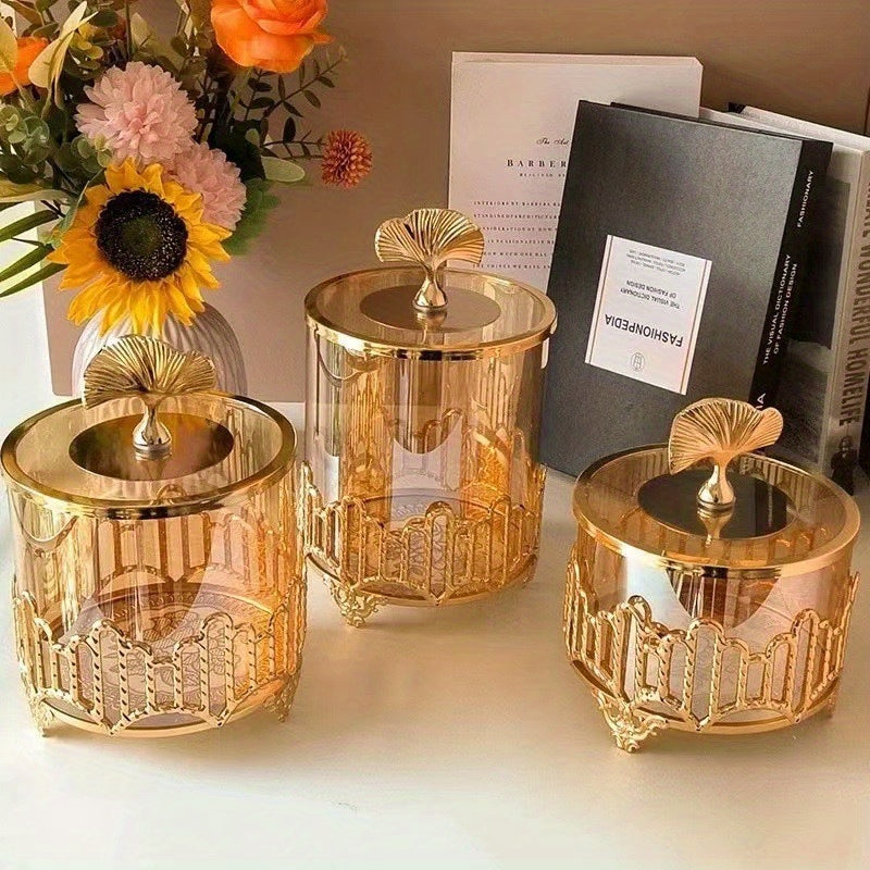 Juego de 3 piezas de frascos de vidrio dorado estilo europeo, contenedores decorativos para frutas secas con tapas, elegante decoración de sala de estar, material de vidrio, no requiere electricidad, frasco de frutas.