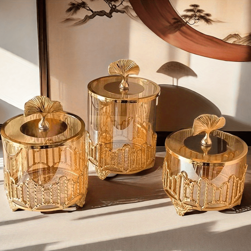 Juego de 3 piezas de frascos de vidrio dorado estilo europeo, contenedores decorativos para frutas secas con tapas, elegante decoración de sala de estar, material de vidrio, no requiere electricidad, frasco de frutas.