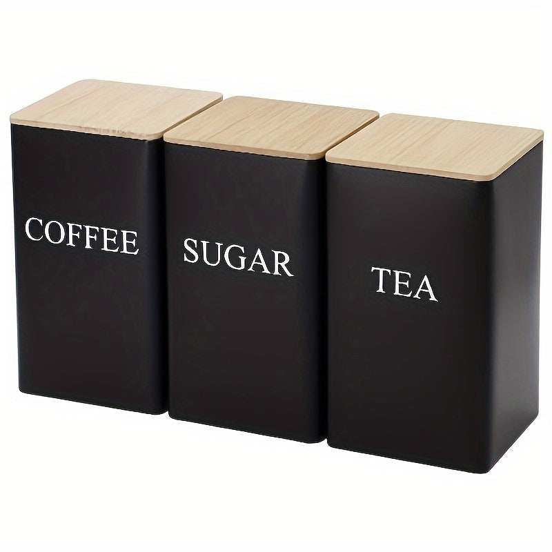 Juego de 3 Tarros Metálicos Cuadrados con Tapas de Madera - Té, Azúcar, Café