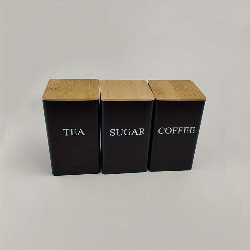 Juego de 3 Tarros Metálicos Cuadrados con Tapas de Madera - Té, Azúcar, Café