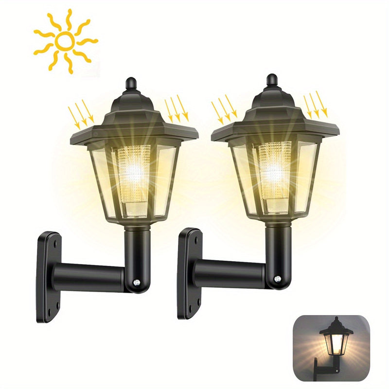 2 piezas Luces solares hexagonales al aire libre LED Sconce Led Lámpara de pared Linterna retro Jardín Decoración Farola solar de calle al aire libre
