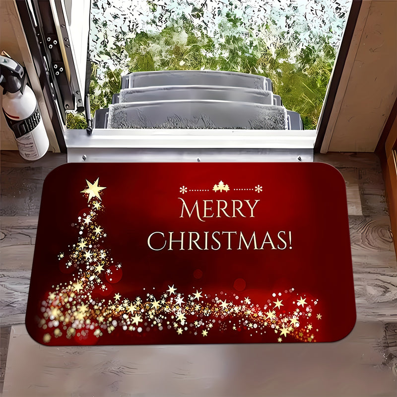 Tapete de bienvenida navideño con diseño de estrella brillante - Antideslizante, fácil de limpiar, lavable en máquina, tapete de poliéster para sala de estar, dormitorio, cocina, oficina y decoración navideña.