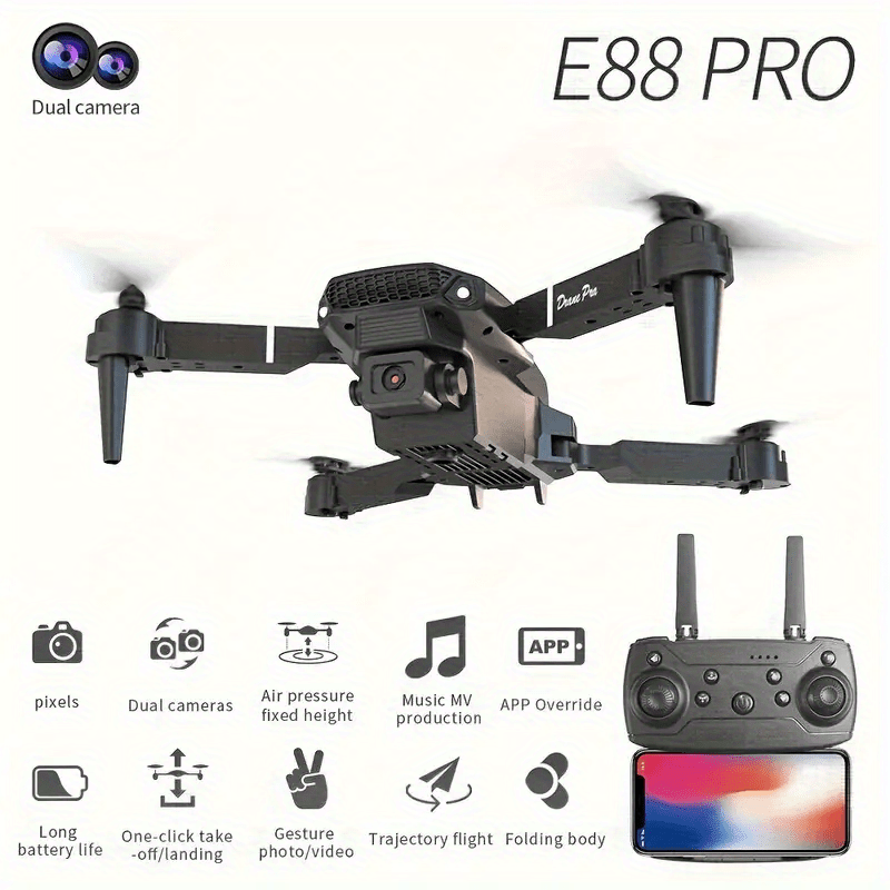 Drone E88 con cámaras HD dobles, batería única, regreso con una sola tecla, conexión WiFi, drone de fotografía aérea, control remoto de cuadricóptero, regalo de Navidad, Halloween y Acción de Gracias.