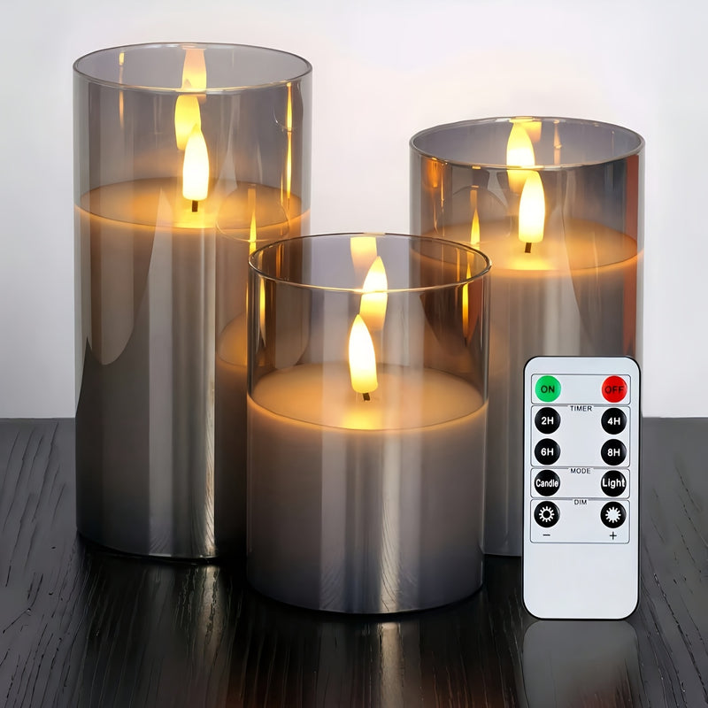 Conjunto de 3 Velas LED Elegantes Grises con Control Remoto - Quemadores de Cera Sin Llama Parpadeante para Bodas, Cumpleaños y Decoración de Navidad