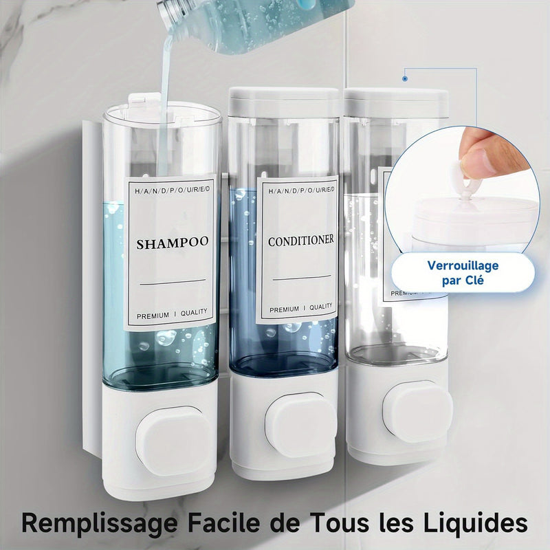 Dispensador de Jabón Montado en la Pared, Dispensador de Gel de Ducha, Dispensador Triple de Champú y Acondicionador Sin Taladrar ABS para Baño Cocina Mercado Hotel Restaurante 300ML*3