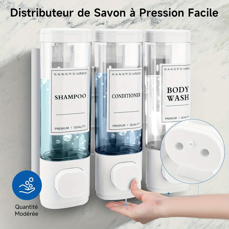 Dispensador de Jabón Montado en la Pared, Dispensador de Gel de Ducha, Dispensador Triple de Champú y Acondicionador Sin Taladrar ABS para Baño Cocina Mercado Hotel Restaurante 300ML*3