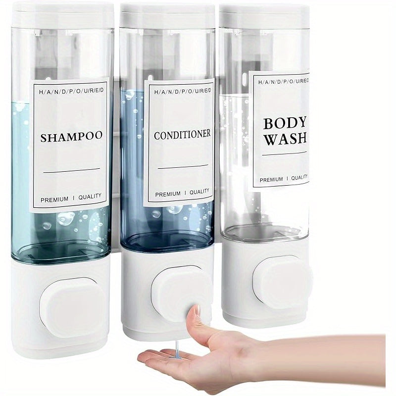 Dispensador de Jabón Montado en la Pared, Dispensador de Gel de Ducha, Dispensador Triple de Champú y Acondicionador Sin Taladrar ABS para Baño Cocina Mercado Hotel Restaurante 300ML*3