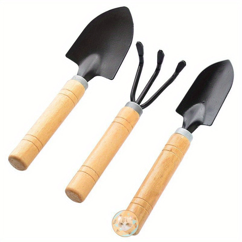 Juego de Herramientas de Jardín de 3 Piezas - Pala, Rastrillo y Cepillo con Mango de Madera para Plantar Flores y Verduras, No Necesita Energía