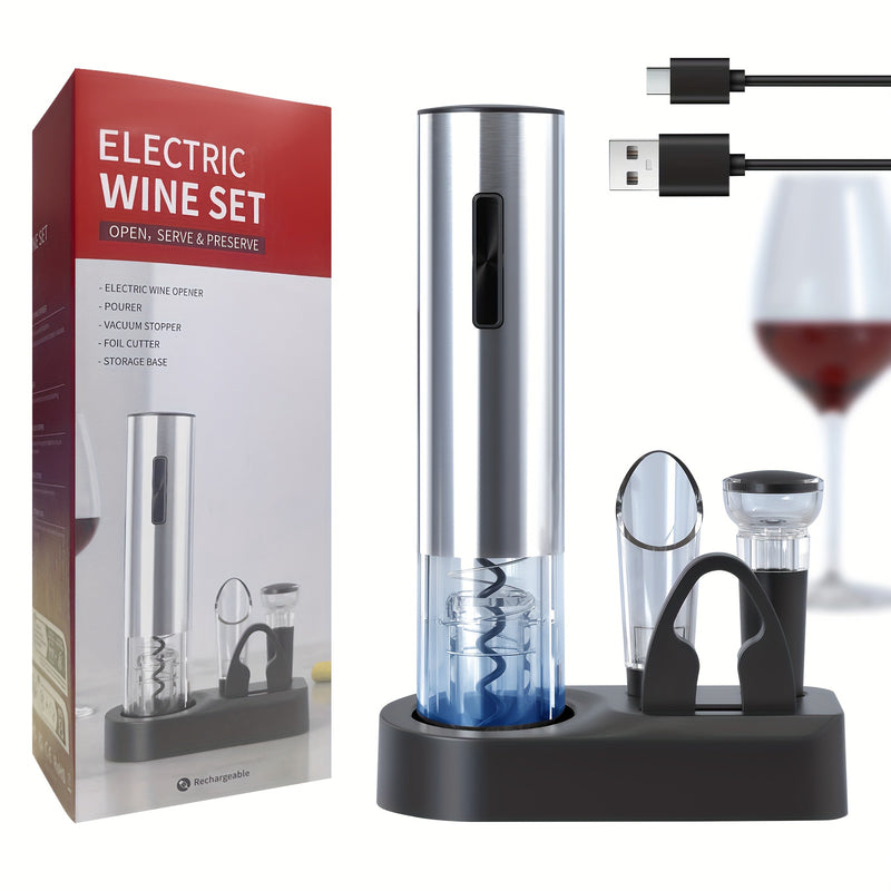Abrebotellas Eléctrico 6 en 1 Recargable, Incluye Sacacorchos Automático, Cortador de Envases y Tapón al Vacío – Ideal para Regalo del Día del Padre (Plateado)