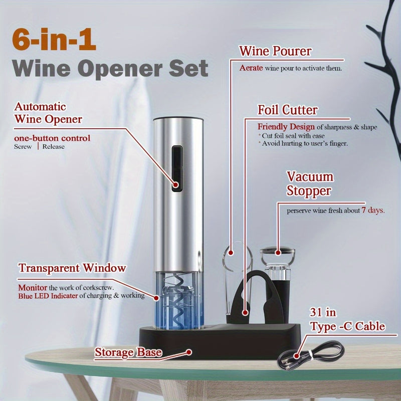 Abrebotellas Eléctrico 6 en 1 Recargable, Incluye Sacacorchos Automático, Cortador de Envases y Tapón al Vacío – Ideal para Regalo del Día del Padre (Plateado)