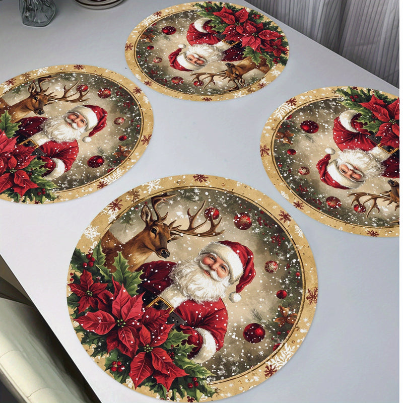 Set de 4 manteles individuales redondos con temática navideña - Manteles de mesa de poliéster tejido con diseño de Papá Noel, reno y flor de pascua, antideslizantes, lavables a mano, decoración festiva para mesa de comedor 38,1 cm