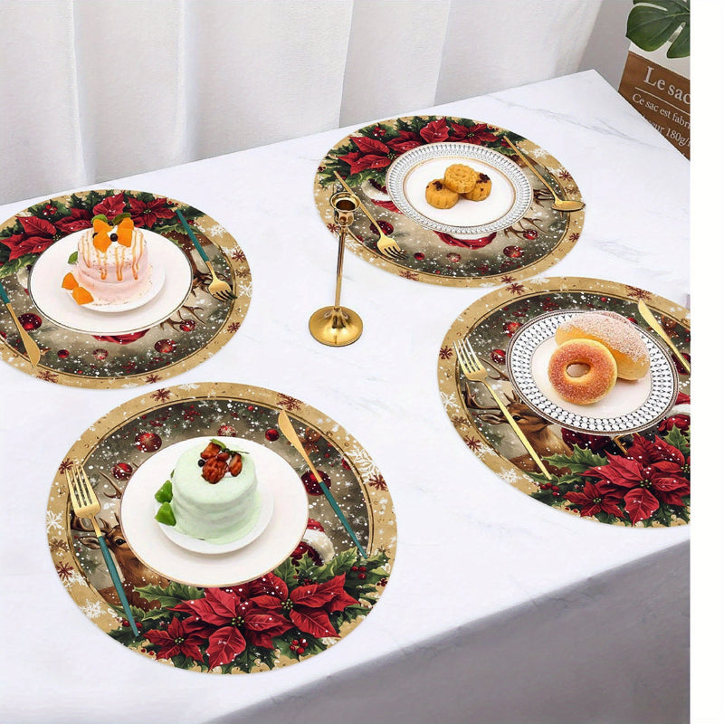 Set de 4 manteles individuales redondos con temática navideña - Manteles de mesa de poliéster tejido con diseño de Papá Noel, reno y flor de pascua, antideslizantes, lavables a mano, decoración festiva para mesa de comedor 38,1 cm