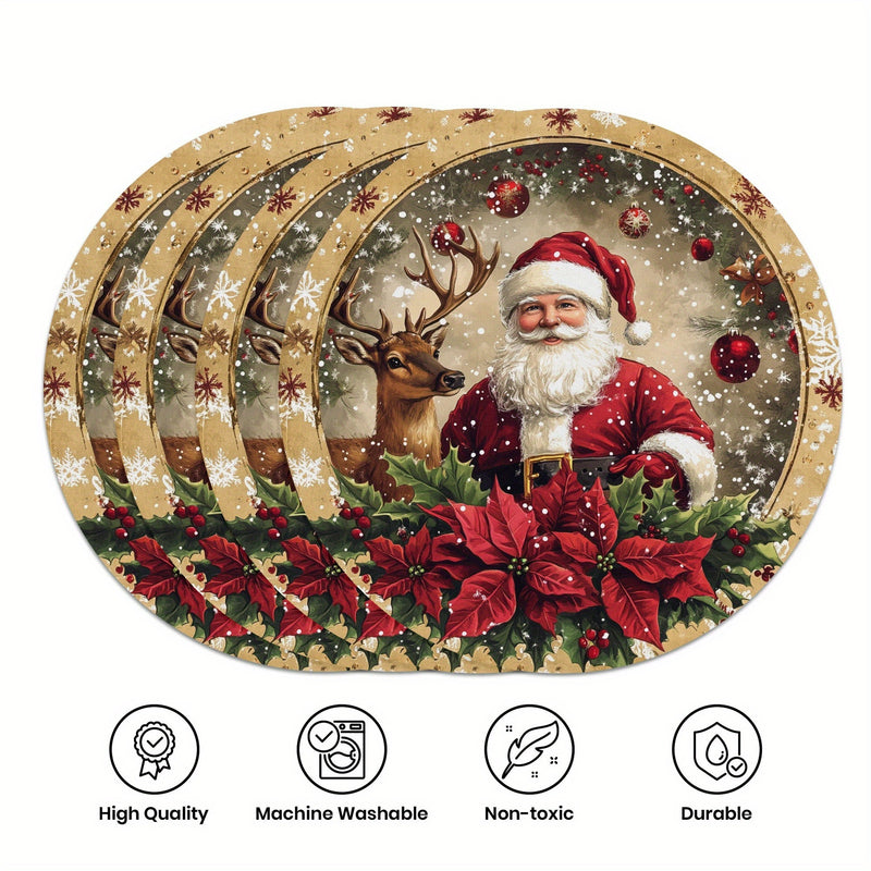 Set de 4 manteles individuales redondos con temática navideña - Manteles de mesa de poliéster tejido con diseño de Papá Noel, reno y flor de pascua, antideslizantes, lavables a mano, decoración festiva para mesa de comedor 38,1 cm
