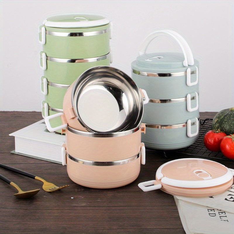 Lonchera de Acero Inoxidable de Gran Capacidad - Diseño Redondo con Asa y Tapa Blanca, Multi-Capa, Ideal para la Escuela, Trabajo, Camping y Picnics - Duradera y Fácil de Limpiar