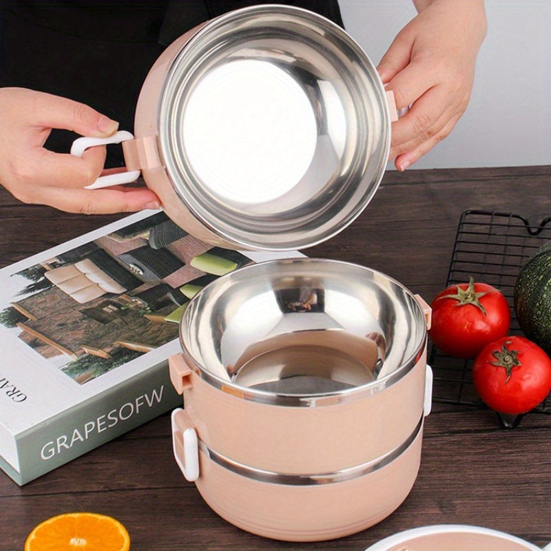Lonchera de Acero Inoxidable de Gran Capacidad - Diseño Redondo con Asa y Tapa Blanca, Multi-Capa, Ideal para la Escuela, Trabajo, Camping y Picnics - Duradera y Fácil de Limpiar