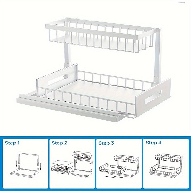 Organizador de 2 niveles para debajo del fregadero, estante extraíble de acero inoxidable resistente al óxido, para almacenamiento en cocina y baño, ideal para primavera